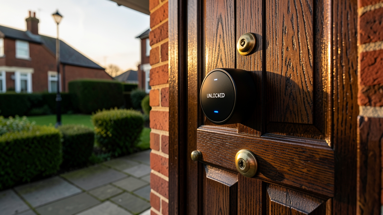 A modern smart door lock installed on a British front door, showing the best smart door lock UK homeowners can choose.