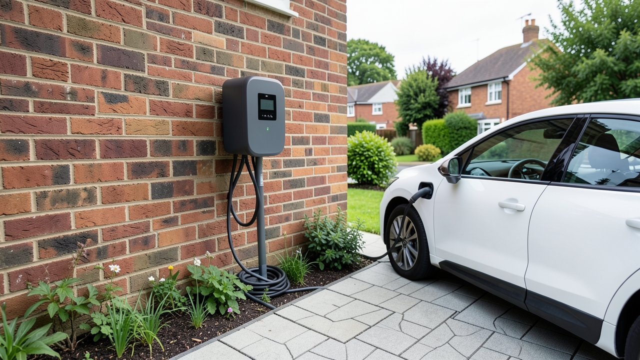 Modern home EV charger installation in a UK driveway, representing typical EV charger installation costs UK homeowners face.