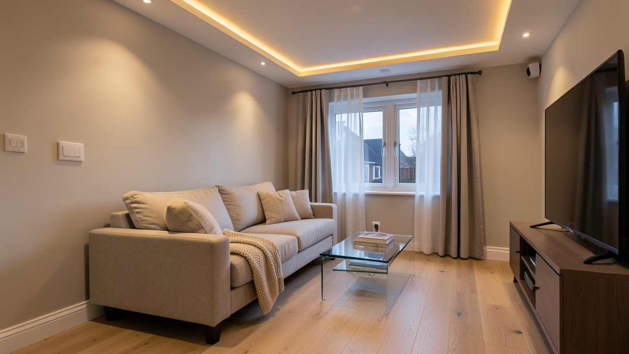 Smart lighting system in a modern UK home, illustrating UK smart lighting regulations for DIY installation