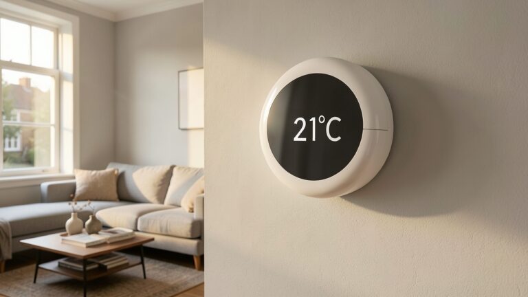 Google Nest Thermostat installed on a wall in a UK home, displaying room temperature.