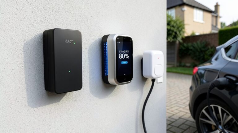 Three home EV chargers mounted on a garage wall for UK EV charger cost comparison.