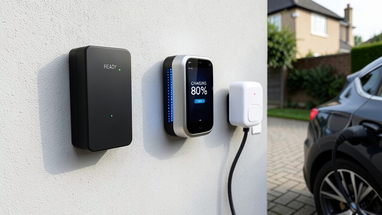 Three home EV chargers mounted on a garage wall for UK EV charger cost comparison.