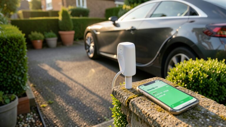 EV charging smart plugs optimising overnight off-peak charging on a UK suburban driveway