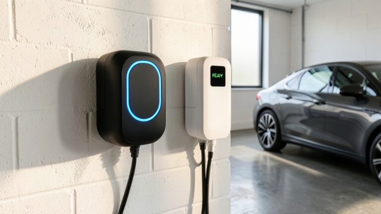 Wallbox Pulsar Plus and Ohme Home Pro chargers in a UK garage, illustrating a UK EV charger comparison.