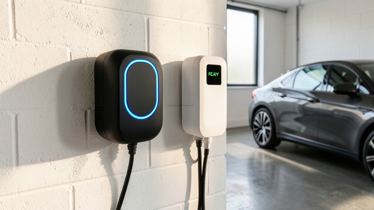 Wallbox Pulsar Plus and Ohme Home Pro chargers in a UK garage, illustrating a UK EV charger comparison.
