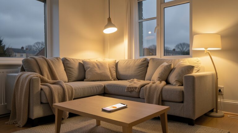 IKEA TRÅDFRI smart lighting illuminating a modern British living room with warm white bulbs in lamps and pendant lights