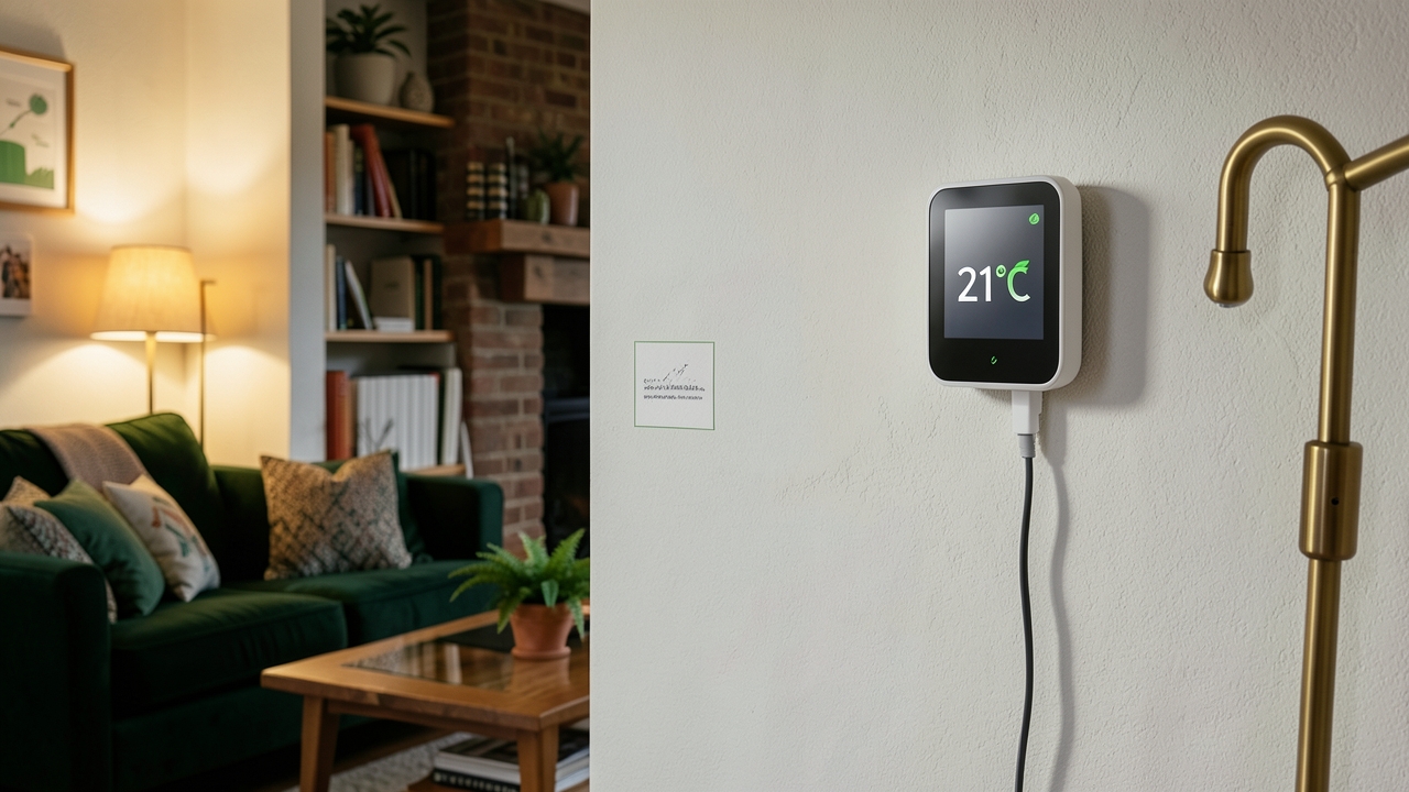 Smart heating UK system featuring a smart thermostat in a typical British home