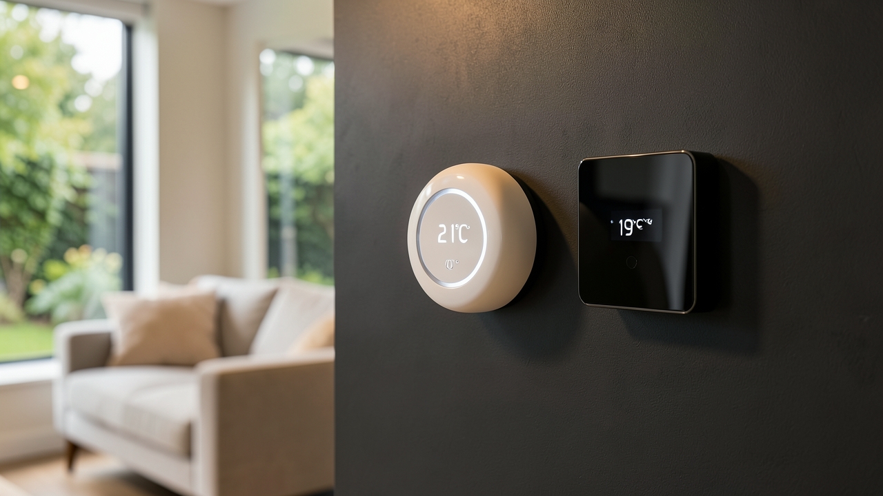 A comparison image of Hive, Nest, and Tado smart thermostats mounted on a wall in a modern UK home.