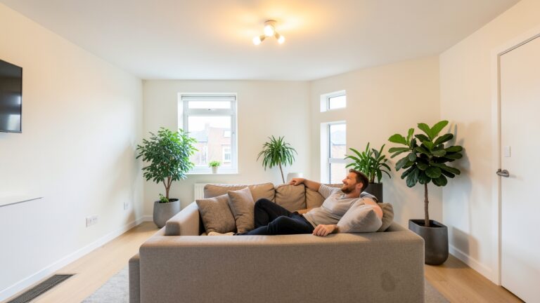 Rental-friendly smart bulbs UK installed in a living room without drilling.