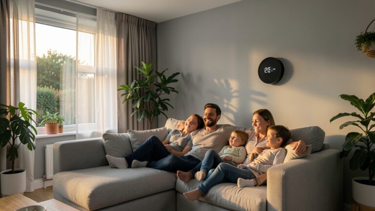 UK home interior with smart thermostat on wall, illustrating Nest Tado energy savings potential.