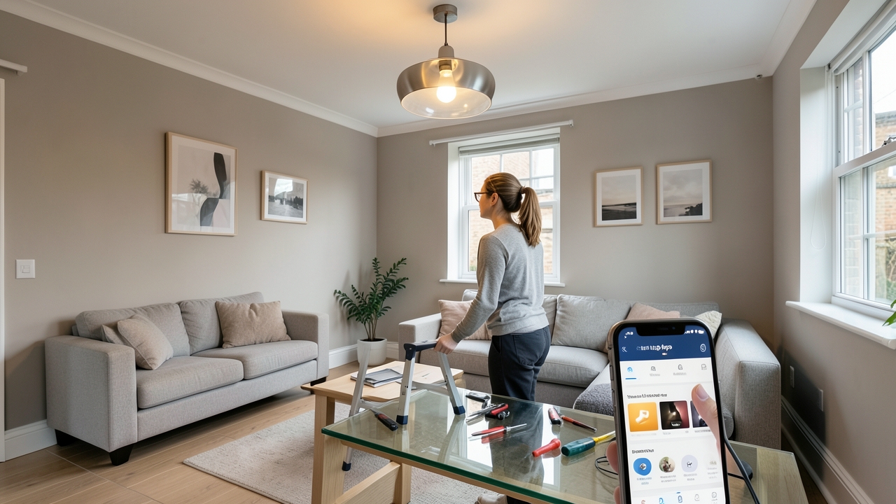 A person performing smart lighting installation UK in a modern living room.