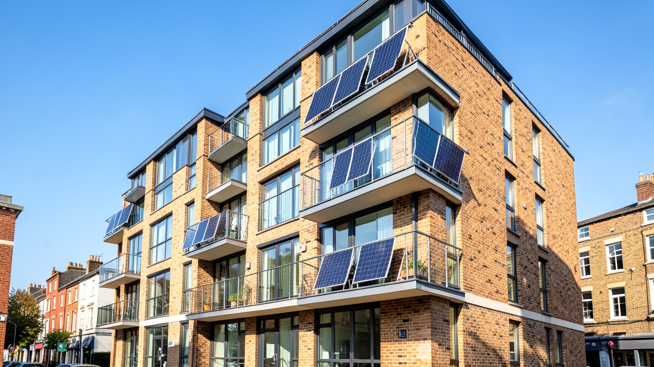 A modern UK apartment building featuring balcony solar panels, illustrating a leasehold solar installation.