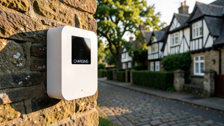 Conservation area EV charger installed on a period cottage wall in a UK village setting