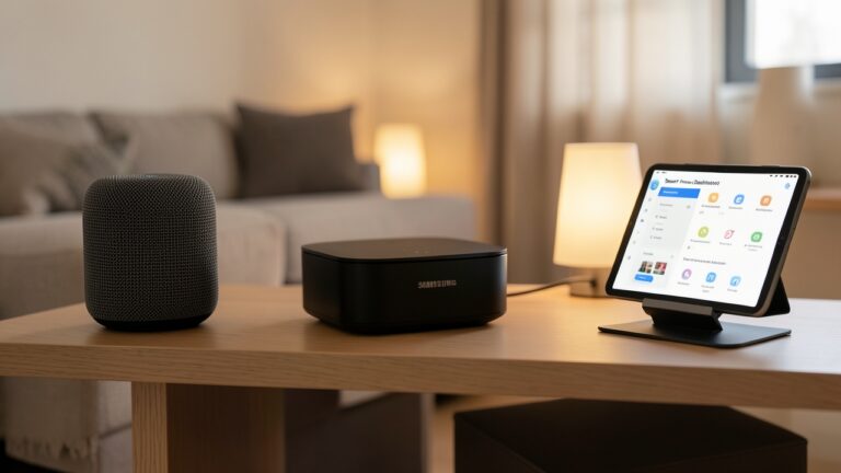 Samsung SmartThings UK smart home hub setup in a modern British living room with compatible devices