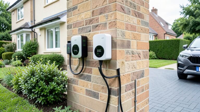 Three EV chargers on a UK home wall showing UK EV charger costs 2026 comparison for Wallbox, Ohme and Pod Point