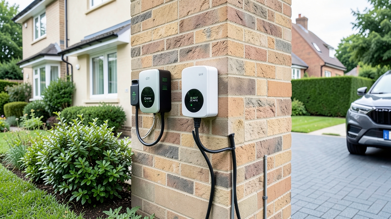 Three EV chargers on a UK home wall showing UK EV charger costs 2026 comparison for Wallbox, Ohme and Pod Point