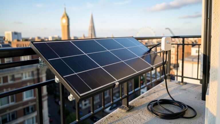 Balcony solar panel setup with a solar smart plug UK monitoring device on an urban flat balcony