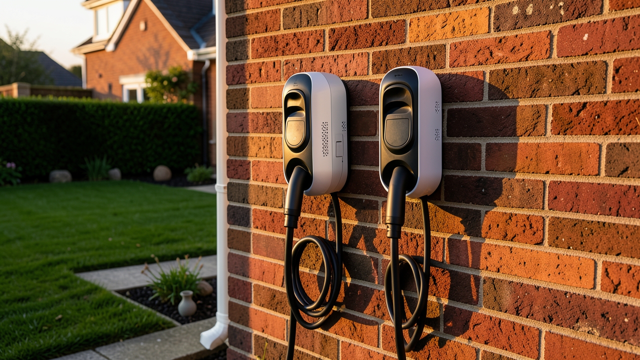 EV charger brand comparison: Wallbox, Ohme, and Pod Point chargers installed at a UK home.