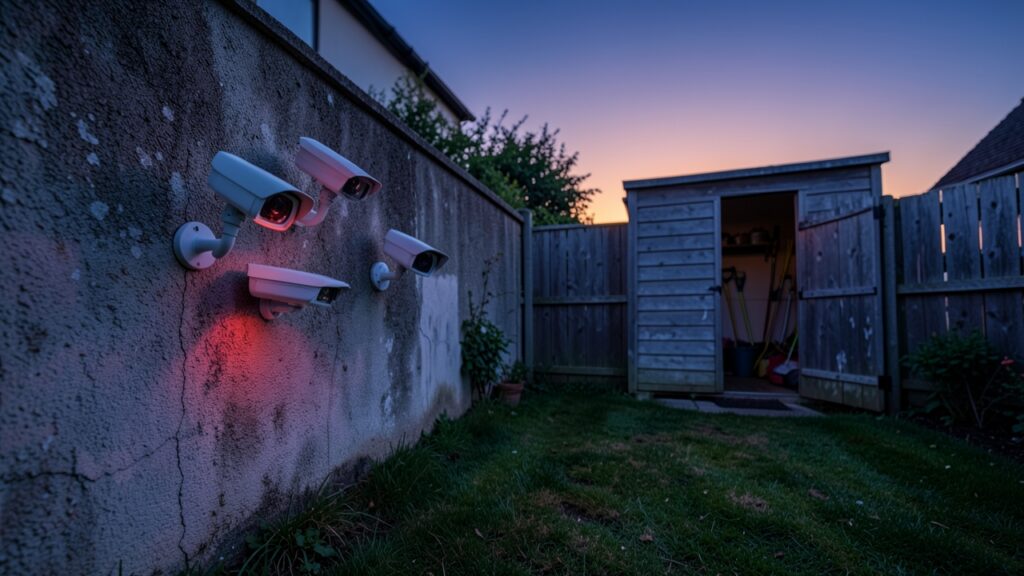 Smart cameras mounted on a garden wall at dusk demonstrating different night vision types for a UK home.
