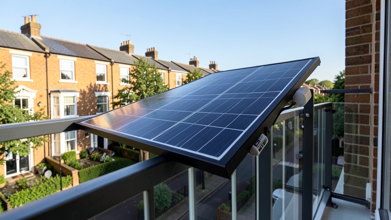 Plug-in balcony solar panel installed on a UK apartment balcony, illustrating planning permission rules.