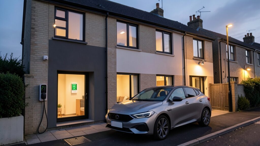 UK home demonstrating smart tariff EV charging with a connected wallbox and smart meter.