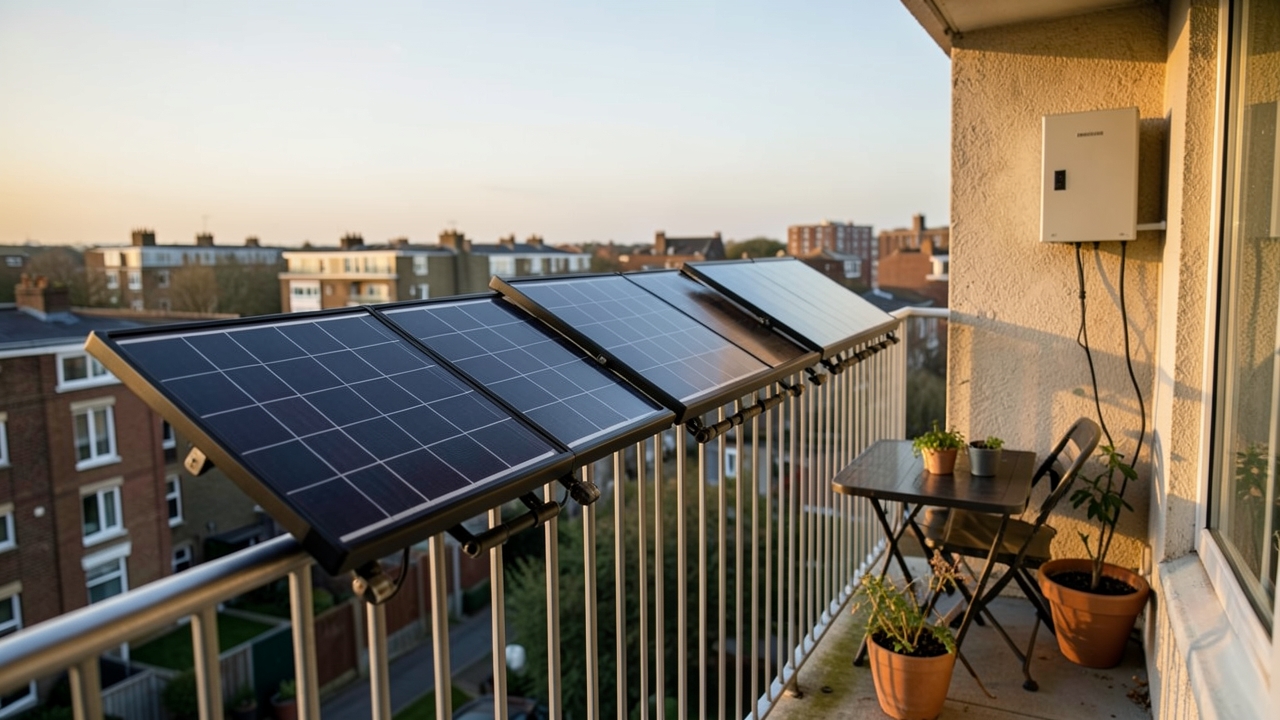 Balcony solar panels rental UK setup on a rented flat balcony in an urban area.
