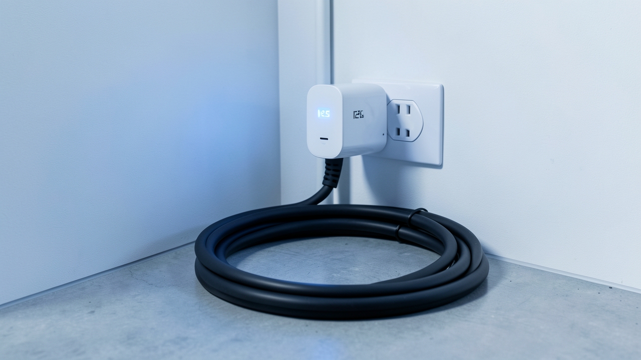A smart plug used for EV charger monitoring plugged into a wall socket