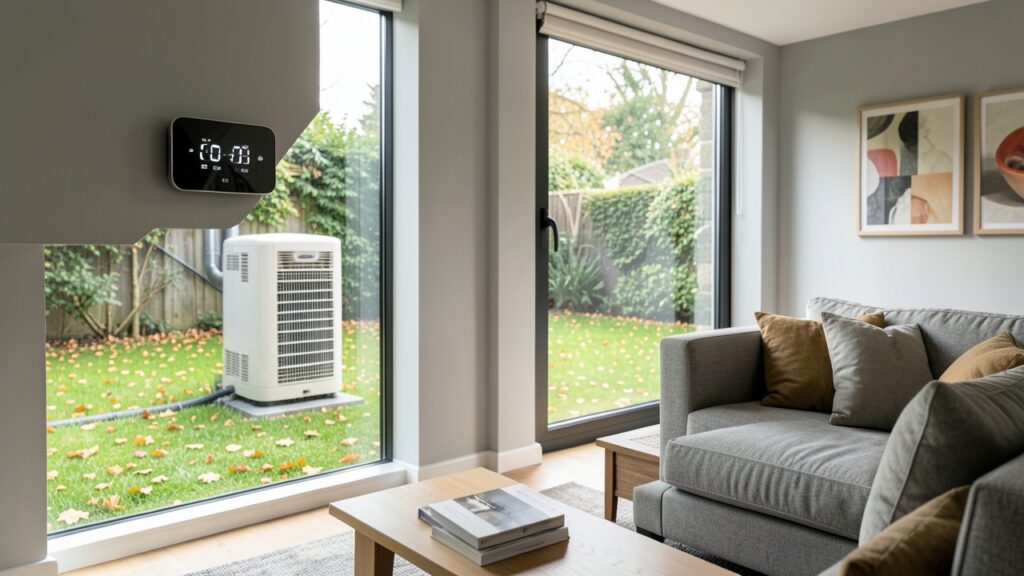Smart thermostat heat pump integration in a UK home for energy-efficient heating and cooling.