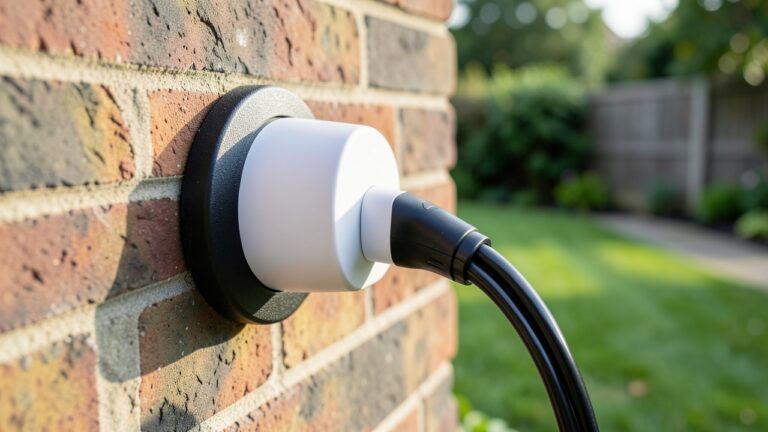 Smart plug for EV charger monitoring connected to a UK outdoor socket.