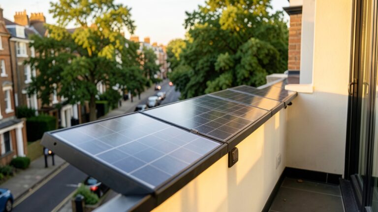 UK balcony solar regulations 2026 — plug-in solar panels installed on a flat balcony in a modern UK apartment building