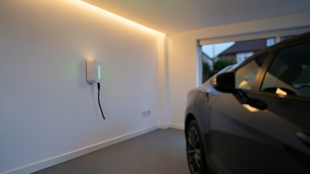 EV charger smart lighting setup in a modern UK home garage showing status colour indicator