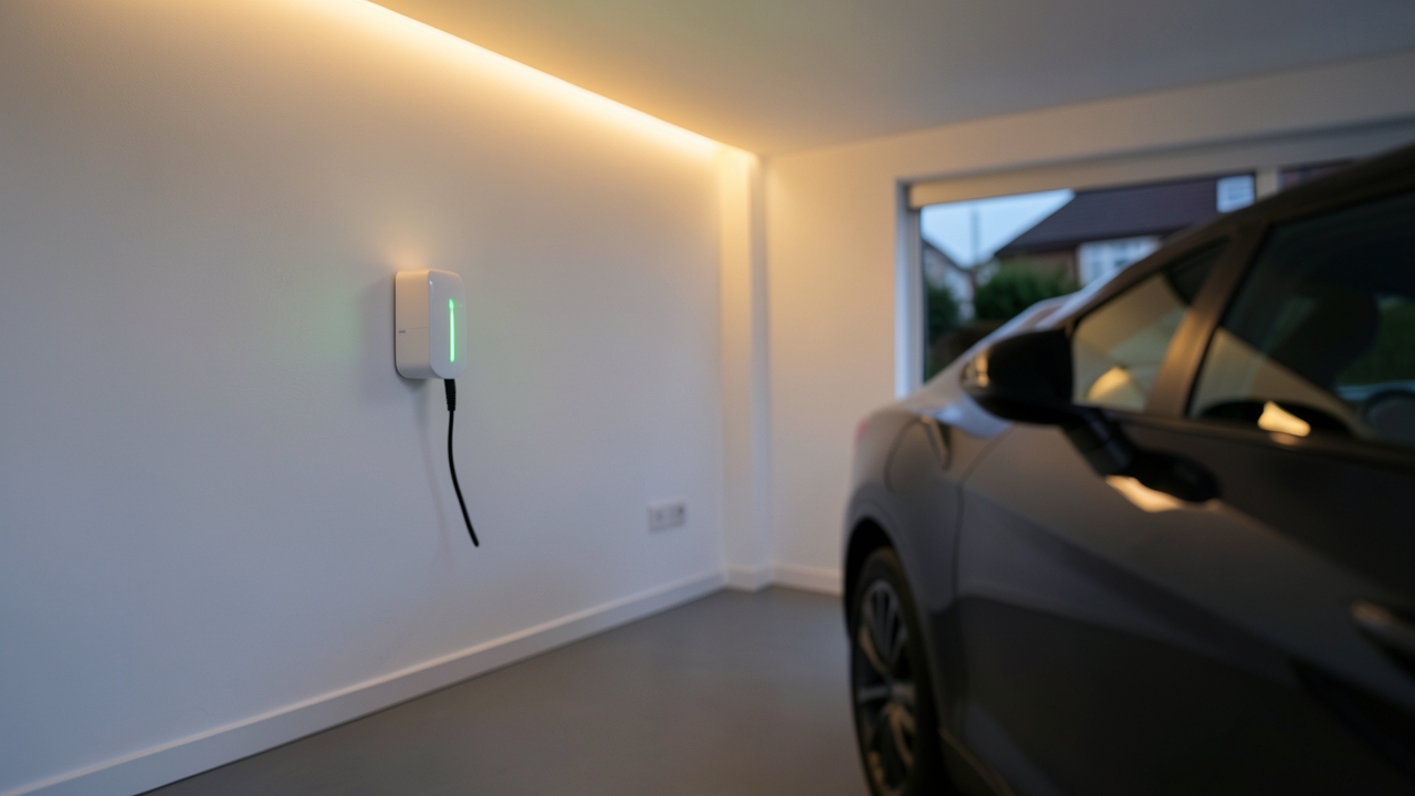 EV charger smart lighting setup in a modern UK home garage showing status colour indicator