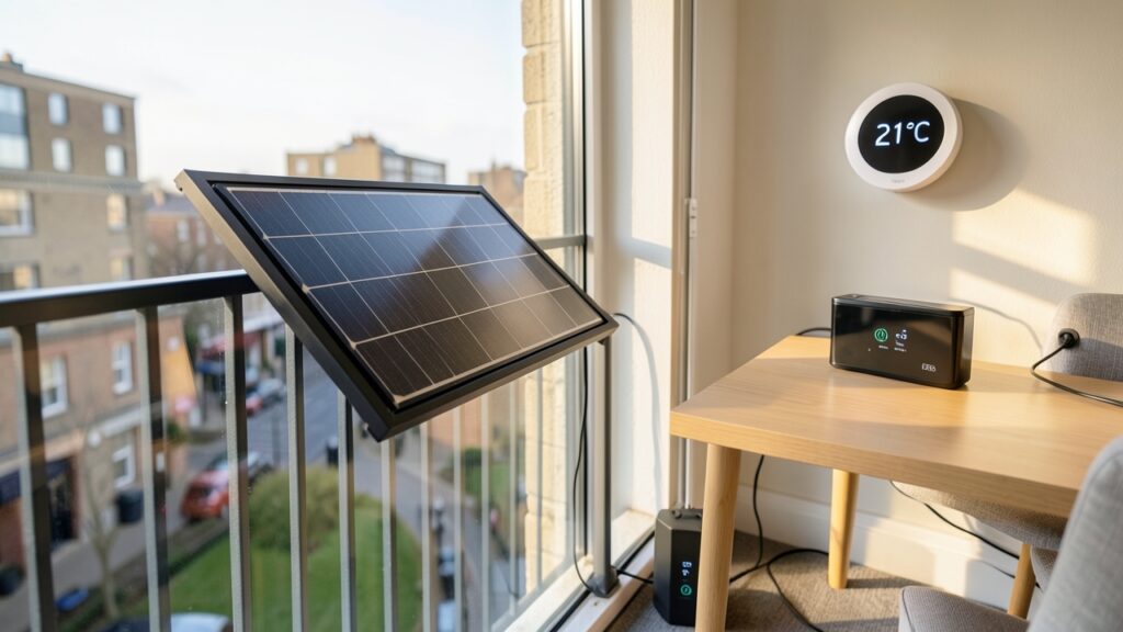 UK flat balcony setup for Tado solar integration, featuring solar panels and a smart thermostat.