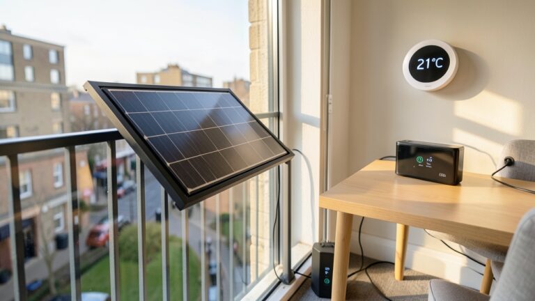 UK flat balcony setup for Tado solar integration, featuring solar panels and a smart thermostat.