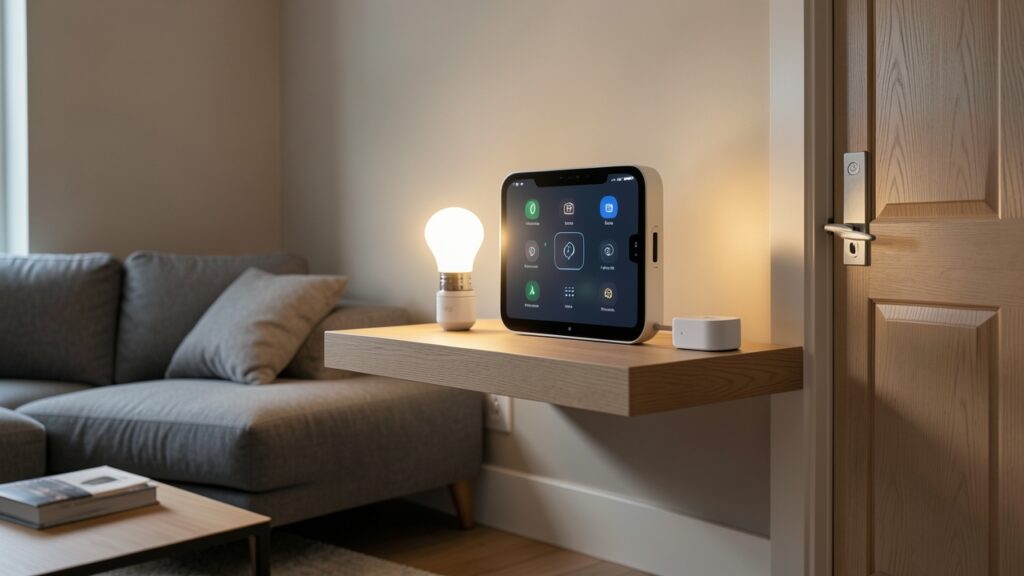 Matter protocol UK integration setup with smart home hub and connected devices in a modern British living room