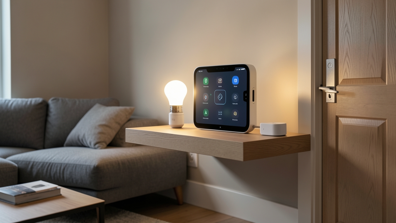 Matter protocol UK integration setup with smart home hub and connected devices in a modern British living room