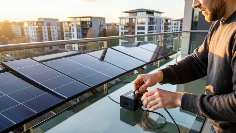 Plug-in balcony solar panels on a UK flat, eligible for 0% VAT relief under the government scheme.