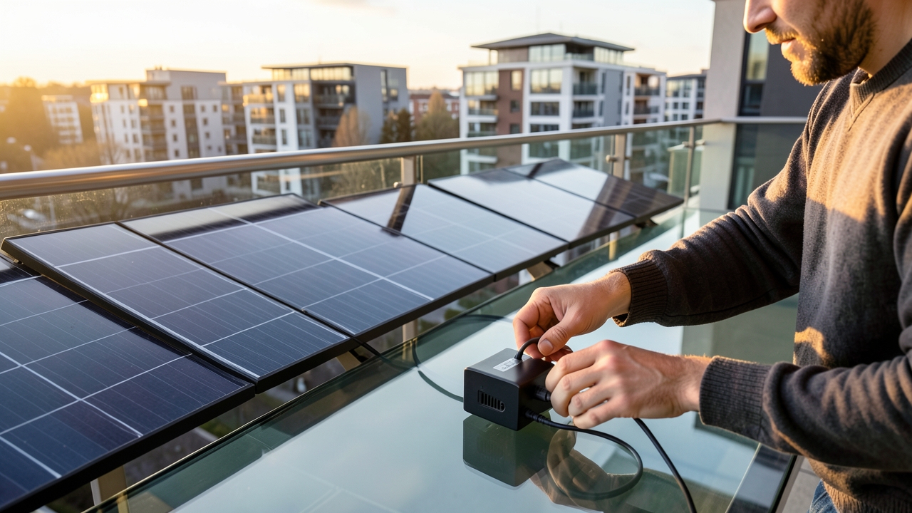 Plug-in balcony solar panels on a UK flat, eligible for 0% VAT relief under the government scheme.