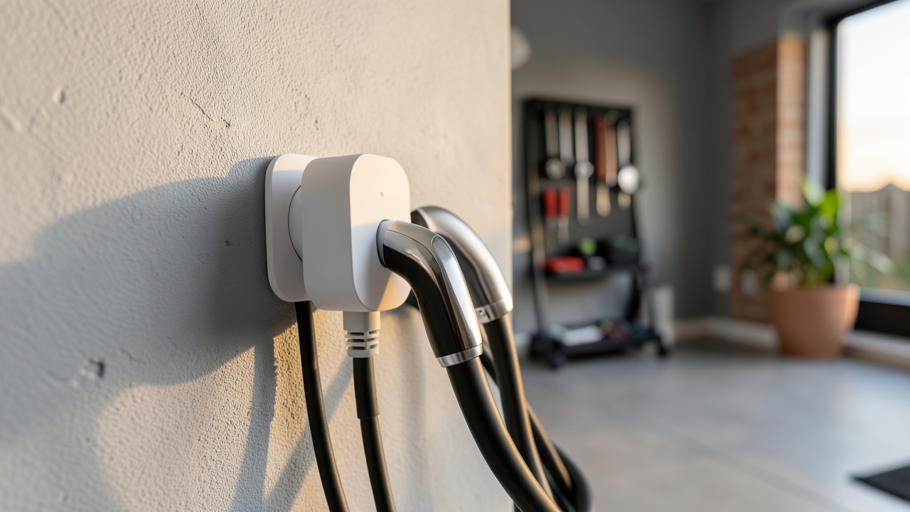 Smart plug EV charger monitoring setup in a modern UK home garage with connected charging equipment