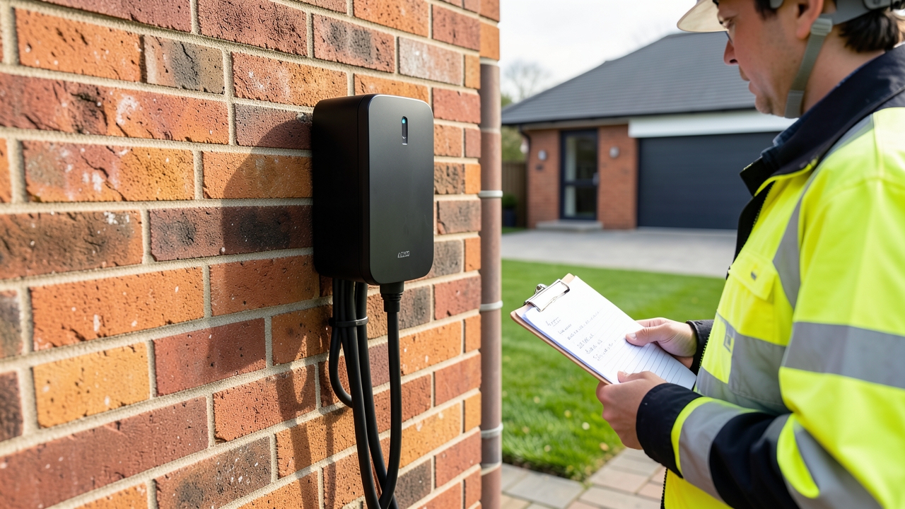 Legally installed DIY EV charger on a UK home, meeting Part P building regulations
