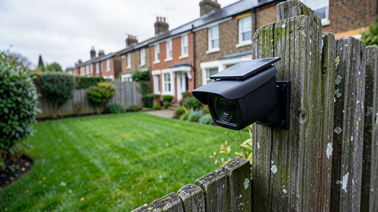 Solar-powered security cameras UK installed on a garden fence with integrated solar panel.