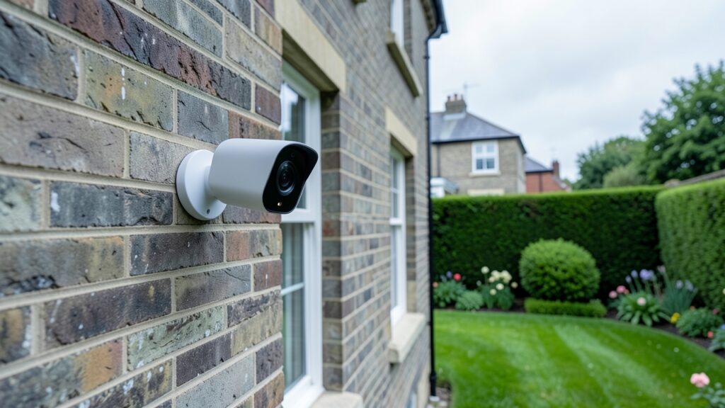 Two GDPR smart cameras UK mounted on a suburban home, comparing Ring and Eufy for privacy compliance.