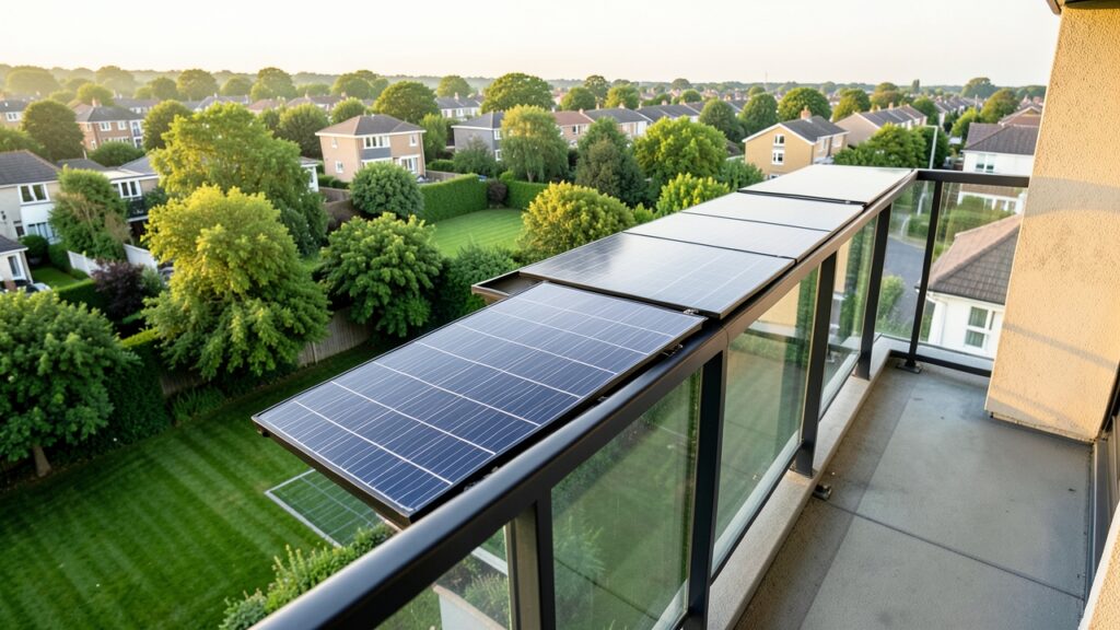 Balcony solar panels installed on a UK flat in 2026 with simplified planning permission