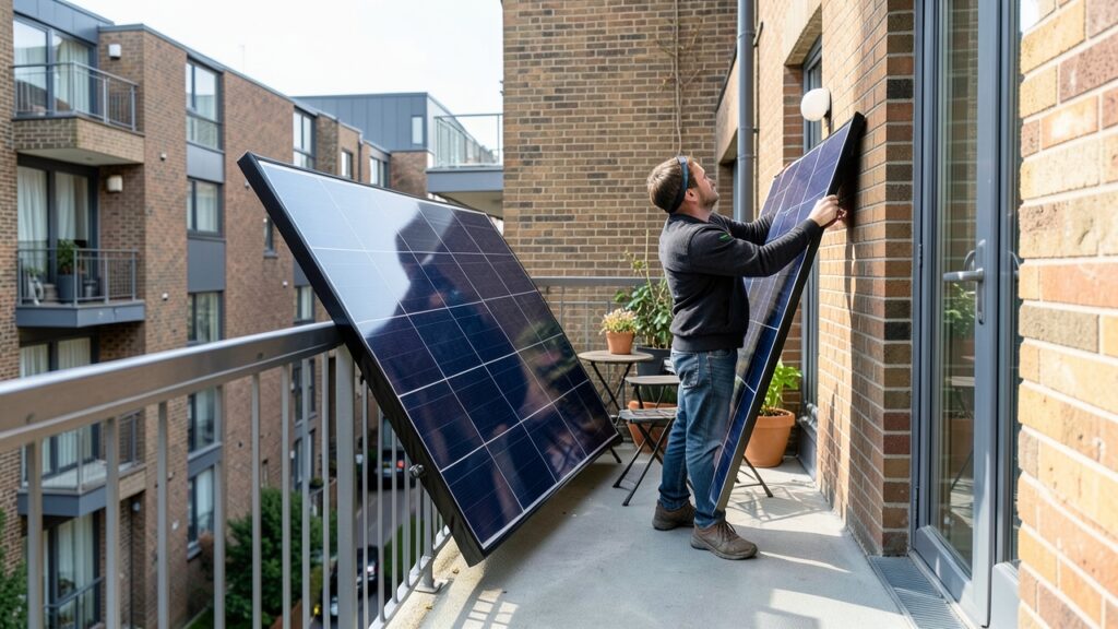 Balcony solar panels rental UK setup on a tenant's flat balcony