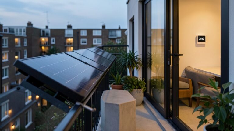 Smart thermostat solar panels integration on a UK flat balcony for energy savings.