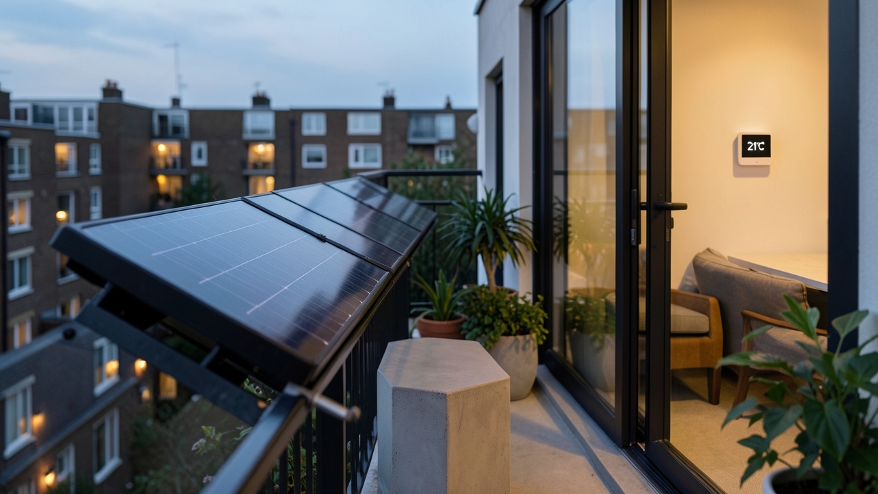Smart thermostat solar panels integration on a UK flat balcony for energy savings.