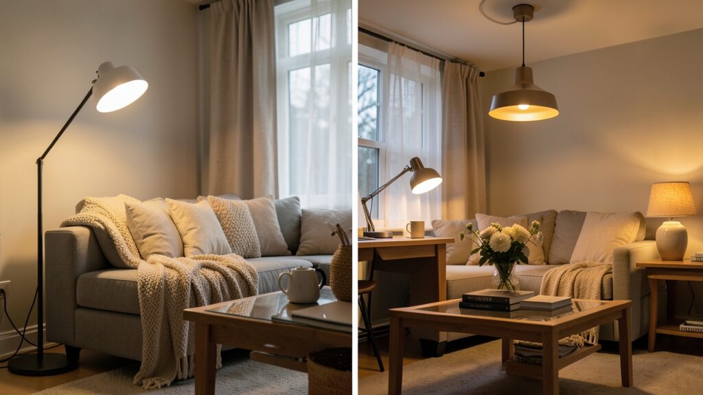 Side-by-side comparison of Philips Hue and IKEA Trådfri smart lighting in a UK living room.