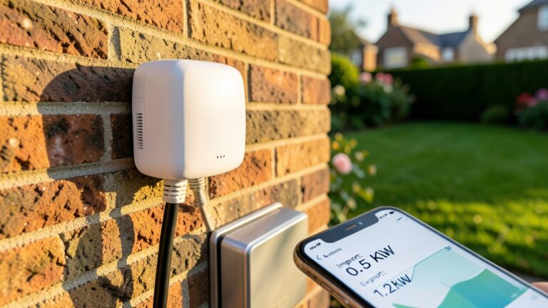 A solar panel smart plug UK setup showing real-time energy monitoring data on a smartphone.