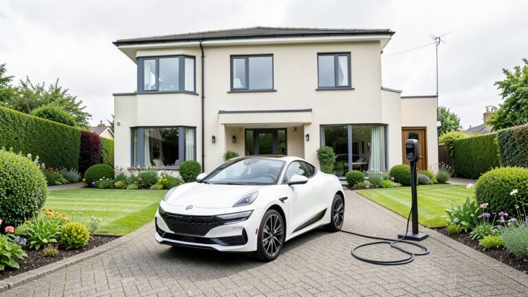 A modern UK home driveway scene featuring an EV charger cost comparison UK context with a Wallbox, Ohme, or Pod Point unit.