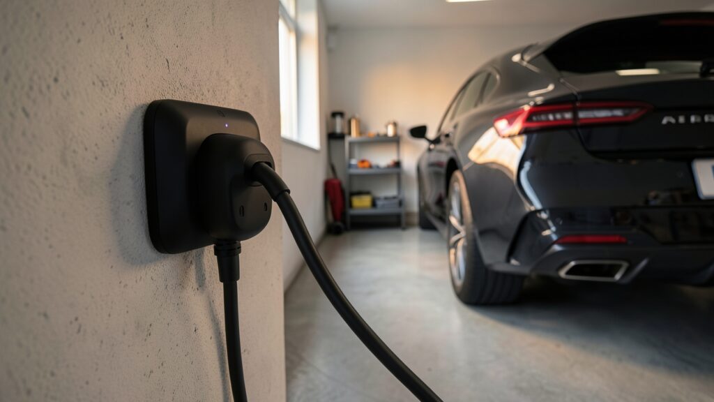 An EV charging smart plug optimising electricity use in a UK home garage.